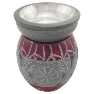 Duftlampe und Räucherstövchen aus indischem Speckstein mit Schale mit Metalleinsatz, Edelstahlsieb und Podest – Design „Lilith” – H 10 cm – Bild 3