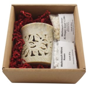 Geschenkset Räucherstövchen Speckstein „Blume“ – Mit Metallsieb, Metallscheibe & Premium Weihrauch Al-Hojari & Athos Rosen – Hochwertige Geschenkbox