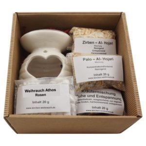 Geschenkset „Harmonie“ 7-tlg. – Kräutermischung Ruhe & Entspannung, Weihrauch-Holz Mischungen & Athos Rosen – Räucherstövchen „Herz“ mit Edelstahlsieb & Metallscheibe – Mit Zubehör & Anleitung – Hochwertige Geschenkbox