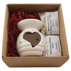 Geschenkset „Herz“ – Räucherstövchen Keramik mit Metallsieb, Metallscheibe & Weihrauch Athos Rosen & Al-Hojari – Hochwertige Geschenkbox