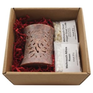 Geschenkset „Nilay“ – Räucherstövchen Speckstein mit Metallsieb, Metallscheibe & Premium Weihrauch Al-Hojari & Athos Rosen – In hochwertiger Geschenkbox
