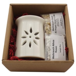 Geschenkset „Sternenblume“ – Räucherstövchen Keramik mit Metallsieb, Metallscheibe & Premium Weihrauch Al-Hojari & Athos Rosen – In hochwertiger Geschenkbox