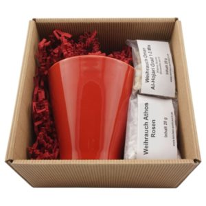 Geschenkset Räucherstövchen rot, mit Sieb, Weihrauch Oman Al-Hojari und Weihrauch Athos Rosen – Bild 1